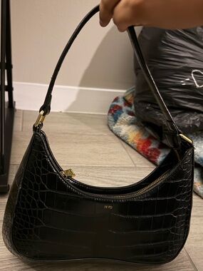 JW PEI Black Croc-Embossed Shoulder Bag with Gold Hardware